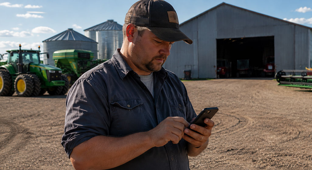 Farmer using phone in yard with poor connection trying to extend house wifi
